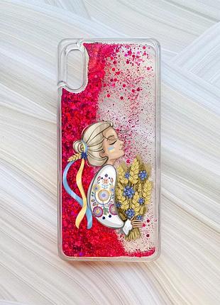 Чехол с плавающими блестками на xiaomi redmi 9a розовый украинка с колосками (принт 173)