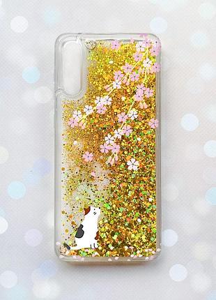 Чохол з плаваючими блискітками на samsung galaxy a50 (2019) a505f золотий :: котик і сакура (принт 283)