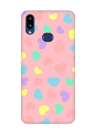 Матовый розовый чехол на samsung galaxy a10s (a107) :: разноцветные сердечка (принт 335)