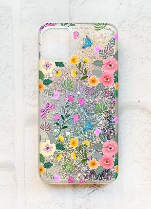 Чехол с плавающими блестками на iphone 11 серебряный :: цветочный фон (принт 369)