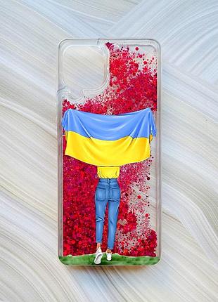 Чехол с плавающими блестками для samsung galaxy a22 4g/m22/m32 розовый девушка с флагом (принт 263)