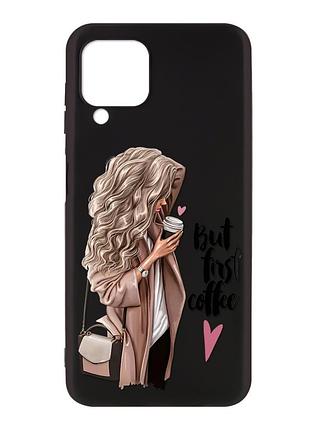 Матовый черный чехол на samsung galaxy a12 :: девушка с кофе (принт 114)