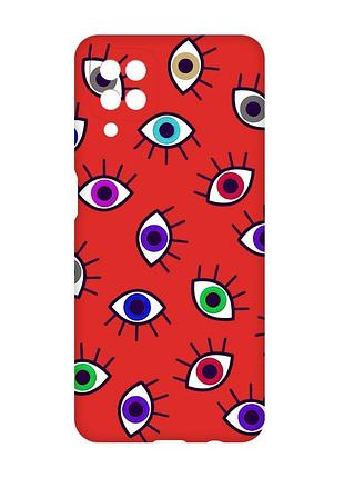 Матовый красный чехол на samsung galaxy a12 :: разноцветные глаза (принт 336)