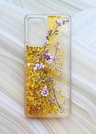 Чохол з плаваючими блискітками на xiaomi redmi note 10 pro/10 pro max золотий гілочка квітів (принт 278)