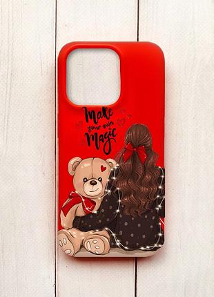 Матовий чохол на iphone 15 pro червоний дівчина з ведмедиком (принт 188)