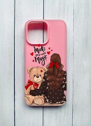 Матовый чехол на iphone 15 pro max розовый девушка с мишкой (принт 188)