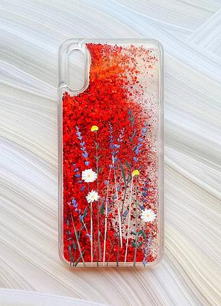 Чохол з плаваючими блискітками на xiaomi redmi 9a червоний польові квіти (принт 270)