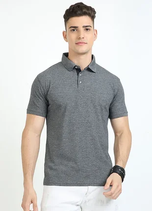 Футболка поло мужская серая меланж 👕 slim fit с эластаном ✨ h&m ⚡ тенниска мужская