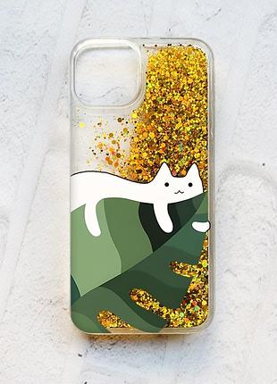 Чохол із плаваючими блискітками на iphone 14 золотий :: кіт на листку (принт 367)