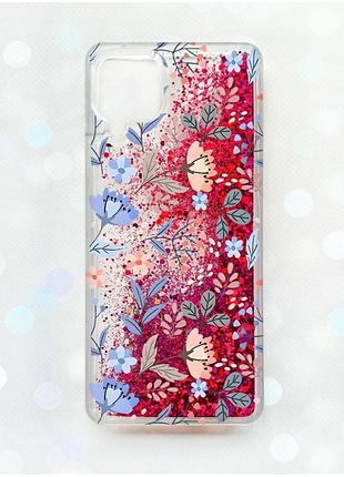 Чехол с плавающими блестками samsung galaxy a12 розовый :: цветочный фон (принт 371)