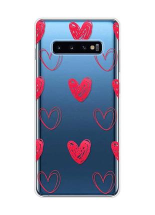 Прозрачный чехол на samsung galaxy s10 plus :: сердечка красные (принт 77)
