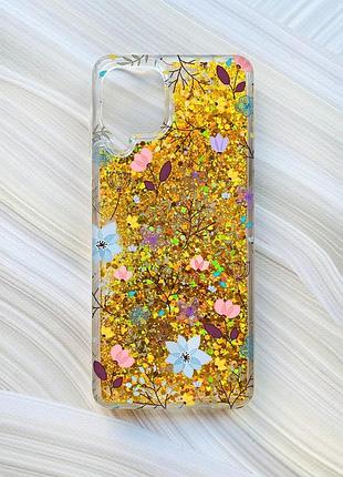 Чехол с плавающими блестками для samsung galaxy a22 4g/m22/m32 золотой цветочный фон (принт 267)