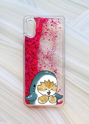 Чохол з плаваючими блискітками на xiaomi redmi 9a рожевий :: котик акула (принт 376)