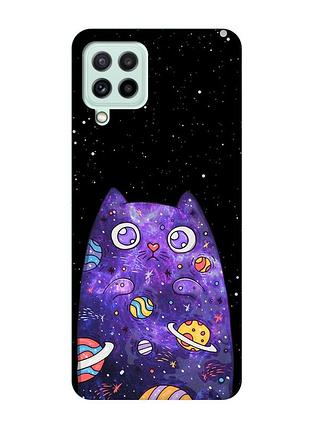 Матовый чехол с бирюзовыми боками на samsung galaxy m32/m22/a22 4g :: фиолетовая кошка (принт 361)