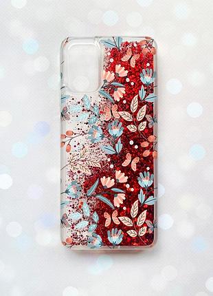 Чехол с плавающими блестками на samsung galaxy a02s красный :: цветочный фон (принт 370)