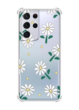 Чехол с утолщёнными углами на samsung galaxy s21 ultra :: ромашки (принт 368)