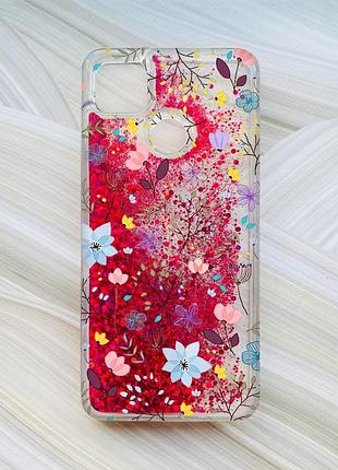 Чехол с плавающими блестками для xiaomi redmi 9c / 10a розовый цветочный фон (принт 267)
