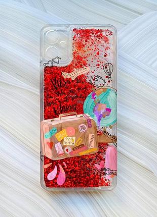 Чехол с плавающими блестками на samsung galaxy a05 (a055) красный путешествуй (принт 329)