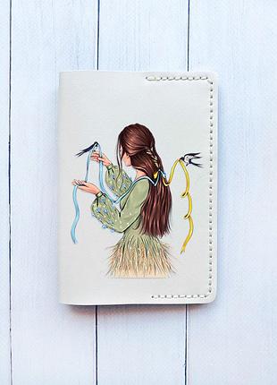 Кожаная обложка на паспорт книжку белая (принт 16)