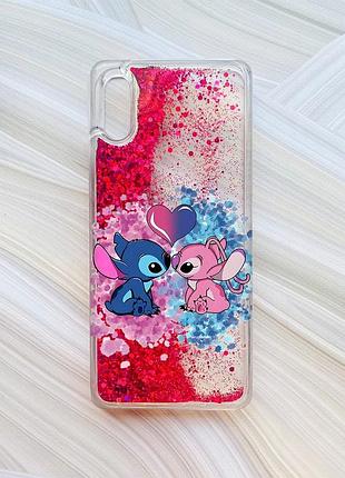Чехол с плавающими блестками на xiaomi redmi 9a розовый стич и ангел (принт 391)
