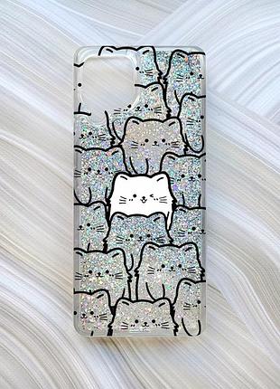 Чехол с плавающими блестками на samsung galaxy a22 4g/m22/m32 серебро котики (принт 392)