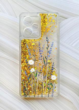 Чехол с плавающими блестками на xiaomi redmi note 12 pro plus золотой полевые цветы (принт 270)