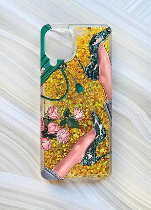 Чехол с плавающими блестками для samsung galaxy a22 4g/m22/m32 золотой туфельки и цветы (принт 225)