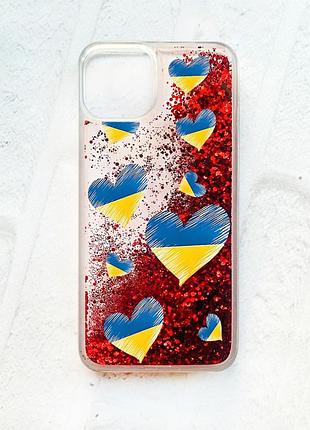 Чохол із плаваючими блискітками на iphone 14 червоний :: сердечка. україна (принт 258)