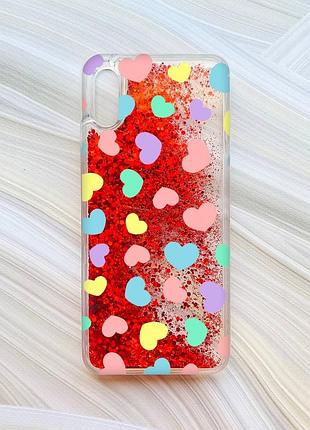 Чехол с плавающими блестками на xiaomi redmi 9a красный сердечка (принт 335)