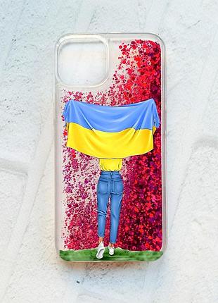 Чехол с плавающими блестками на iphone 14 розовый :: девушка с флагом (принт 263)