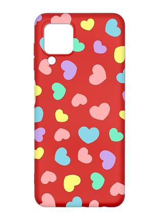 Матовый красный чехол на samsung galaxy m32/a22/m22 4g :: разноцветные сердечка (принт 335)