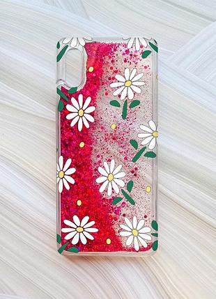 Чехол с плавающими блестками на xiaomi redmi 9a розовый :: ромашки (принт 368)