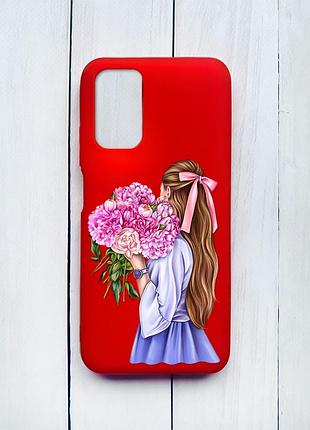 Матовий чохол на xiaomi redmi 9t червоний :: дівчина з півоніями (принт 11)