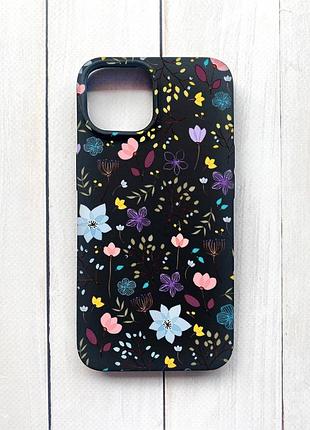Матовый чехол на iphone 15 черный цветочный фон (принт 267)