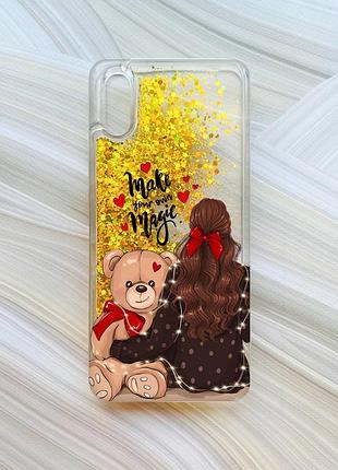 Чехол с плавающими блестками для xiaomi redmi 9a золотой девушка с мишкой (принт 188)