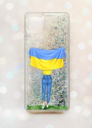 Чехол с плавающими блестками samsung galaxy a12 серебряный :: девушка с флагом (принт 263)