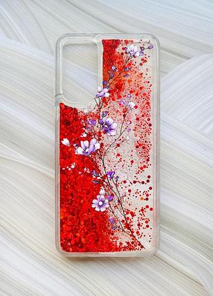 Чехол с плавающими красными блестками на xiaomi redmi note 11 веточка цветов (принт 278)