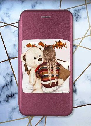 Чехол-книжка с рисунком для xiaomi redmi note 8 бордовый :: девочка с мишкой (принт 117)