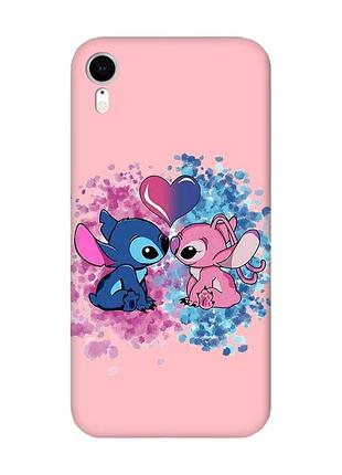 Матовый розовый чехол на apple iphone xr стич и ангел (принт 391)