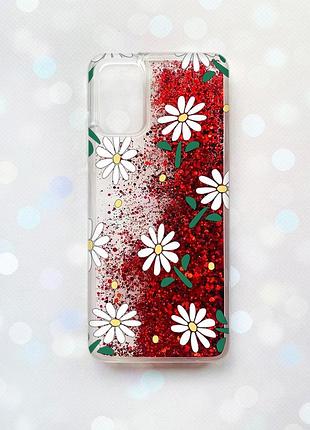 Чехол с плавающими блестками на samsung galaxy a03s (a037) красный :: ромашки (принт 368)