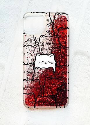 Чехол с плавающими блестками на iphone 13 красный котики (принт 392)