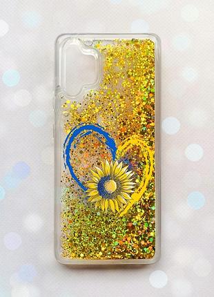 Чехол с плавающими блестками на samsung galaxy a32 золотой :: сердце с подсолнухом (принт 260)