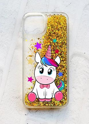 Чехол с плавающими блестками на iphone 13 :: золотой :: единорог (принт 102)