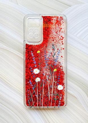 Чехол с плавающими блестками на xiaomi redmi note 11 pro красный полевые цветы (принт 270)