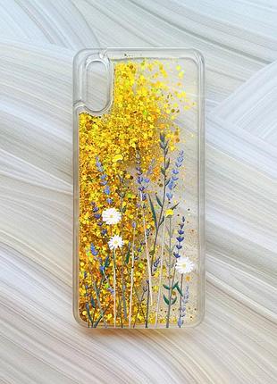 Чехол с плавающими блестками на xiaomi redmi 9a золотой полевые цветы (принт 270)