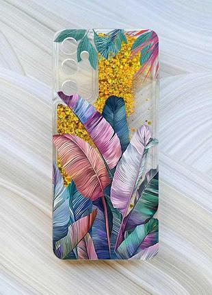Чехол с плавающими блестками на samsung galaxy a35 (a356) золотой :: тропики (принт 372)