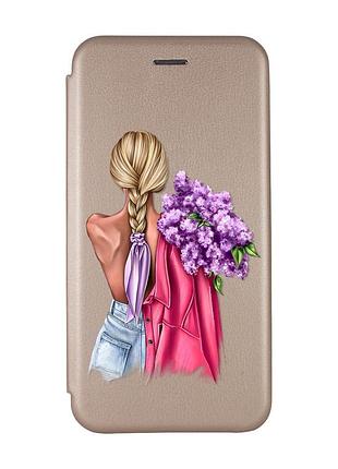 Чохол-книжка з малюнком для xiaomi redmi 12c золотий :: дівчина з бузком (принт 7)