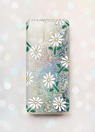 Чехол с плавающими серебряными блестками на samsung galaxy a02s ромашки (принт 368)