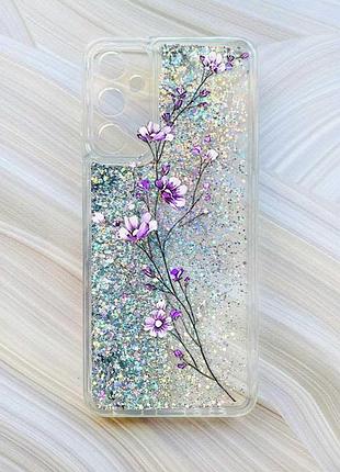 Чехол с плавающими блестками на samsung galaxy a24 (a245) серебристый :: веточка цветов (принт 278)