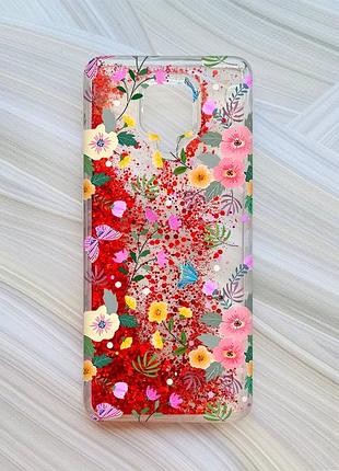 Чехол с плавающими блестками на xiaomi redmi note 9 pro/9s/9 pro max красный :: цветочный фон (принт 369)